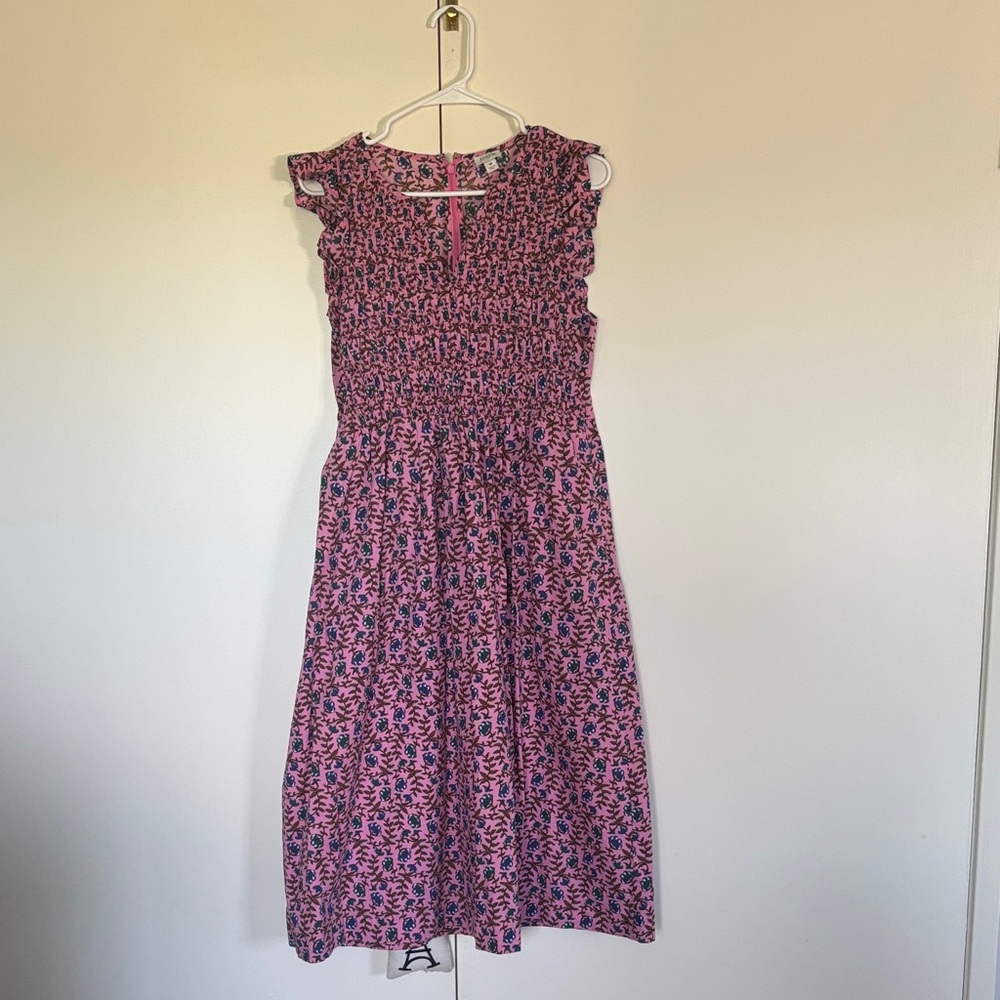 J. Crew Pink Floral Smocked Midi Dress with Navy Accents